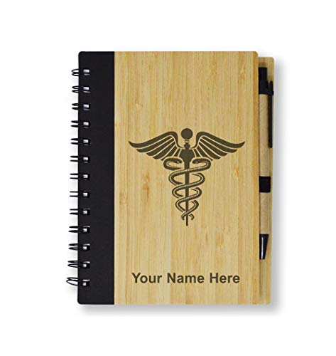 Eco-Friendly Spiral Notepad, Caduceus Medical Symbol, Personalized Engraving Included (Bamboo)