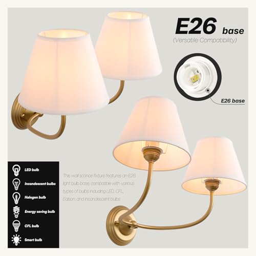 Image of Vintage 2-Lights Fabric Sconces Wall Lighting with White Cloth Shade, Double Arm Wall Lamp Fixture for Living Room Bathroom Bedroom Hallway