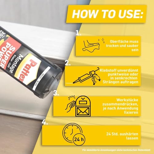 Pattex Montagekleber Super Power, Baukleber mit superstarker Anfangshaftung, Kraftkleber für saugende Materialien, Kleber für innen & außen, 1 x 370g