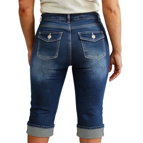 Jean d'été court femme denim taille haute : pantalon capri 3/4 slim