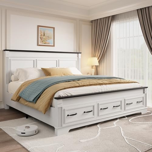 Farmhouse King Size Bed Frame 51 Tall Headboard Rustic Wood Platform Bed Frame 3 Wooden Storage Drawers 20 Tall Roman Column Decoration Footboard Traditional Bed No Box Spring Needed-Antique White