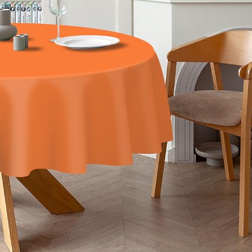 QIKSION Orange Round Tablecloth 3 Pack, 84 Inch Plastic Table Cover Disposable for Parties by QIKSION - Image 3