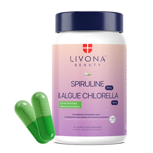 LIVONA BEAUTY Complexe DETOX 120 gélules : Spiruline 100 mg + Algue Chlorella 100mg + Calcium + Artichaut + Choline - Complément alimentaire Livona Beauty - sans gluten ni OGM ni allergènes | Vegan