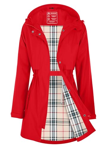 ATLASLAVA Women Rain Jacket Waterproof Raincoat with Hood Breathable Long Windbreaker Trench Coat Red M