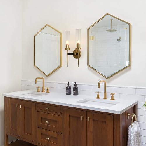 Image of BOKT Mid-Century Modern Indoor Crystal Wall Sconce Brushed Brass Gold 2-Lights Wall Sconce Lighting Clear Cylinder Glass Round Wall Sconce Long Bedroom Bedside Wall Light Lamp