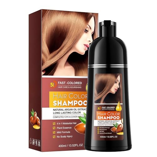 Champú Colorante Castaño 4 en 1 con Aceite de Argán, Shampoo para Cabello Blanco y Canas, 400 ml Color Natural Duradero, Cubre Canas Fácil y Rápido Para Hombres y Mujeres (Castaño)