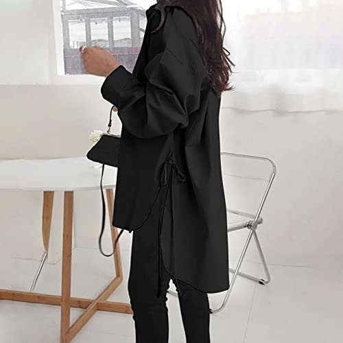 Women Long Sleeve Boyfriend Button Down Shirts Asymmetrical Casual Lace Up Oversized Tunic Tops3