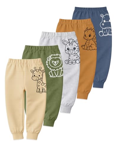Image of Kuchipoo Boys and Girls Cotton Joggers Combo | Soft Elastic Waist | Cute Animal Prints | Everyday Wear | Pack of 5
