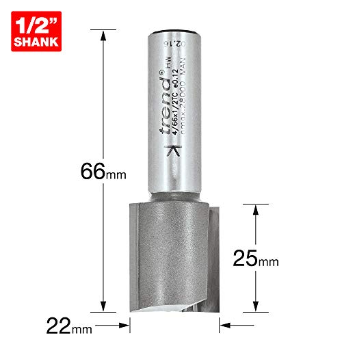 Trend Professional Straight Two Flute Router Cutter, 1/2 Inch Shank, 22mm Cut Diameter & 25mm Cut Length, Tungsten Carbide Tipped, 4/66X1/2TC