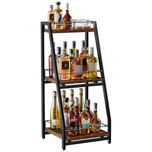 Nuovoware Armario Licores Mini Bar Escalonado 3 Niveles, Estantería Vino Pie Whisky, Estante Esquinero para Botellas de Licor con Rejas y Cajón Deslizable para Cocina, Comedor y Sala de Estar, Negro