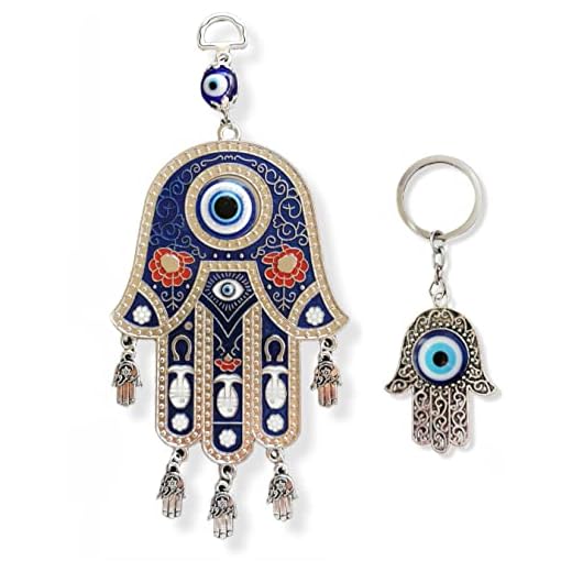 SabelAX Mano Fatima Ojo Turco Colgante Pared. Amuleto para la Casa Protector Hogar + Llavero Mano Fatima Ojo Turco. Buena Suerte Proteccion. Bendicion Hamsa (Colgante 2 + Llavero)