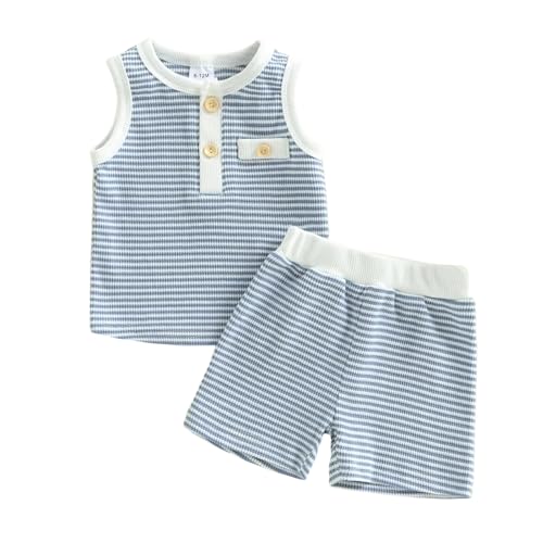 Image of Kupretty Toddler Baby Boy Clothes 12 18 24 Month 2T 3T Summer Outfit Stripe Waffle Knit Sleeveless Vests Shirts Shorts Set