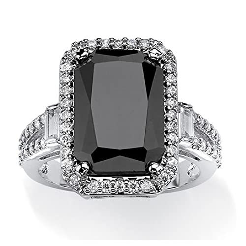 DOCCESTU 925 Sterling Silver Shiny All Diamond Ring Square Cut Black Onyx and Diamond Cubic Zirconia Engagement Ring Handmade Men's Jewelry Ring Women's Single Stone Ring Size 9