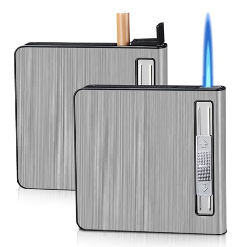 WIYETY Pitillera con mechero: 2 unidades de aluminio para cigarrillos, resistente al viento, encendedor de gas, encendedor de tormenta, puede 20 barriles (se vende sin gas) (plata)