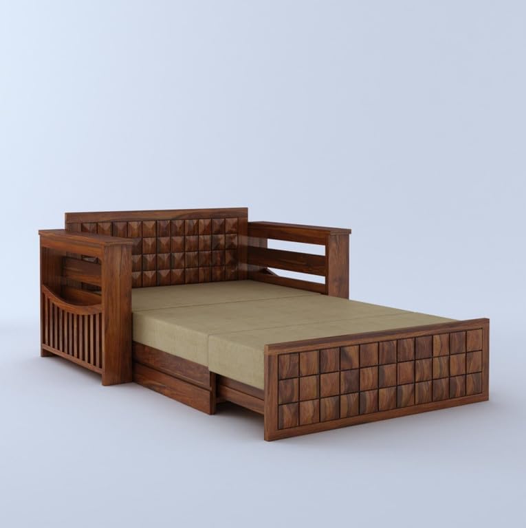 Image of Solid Sheesham Wood Sofa Cum Bed 2 Seater | Wooden Foldable Double Bed for Living Room with Storage | Bed Cum Sofa with Mattress for Home | Full Diamond Design (Honey Finish)