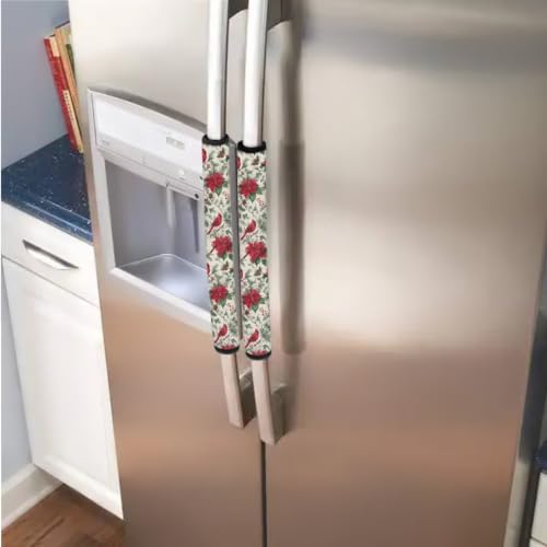 Image of Fridge Door Handle Covers Set of 6 Kitchen Appliance Decor Handles Glove Anti-Slip Protectors for Christmas Winter Holiday Decor, Poinsettia Flower Cardinal Bird Retro Pattern