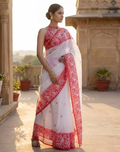 Image of SIRIL Women's Cotton Linen Printed, Zari Border One Minute Ready To Wear Saree With Unstitched Blouse Piece