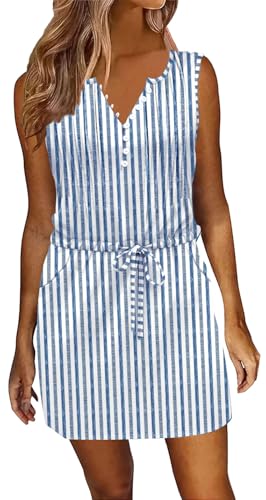 Image of Womens Summer Casual Dresses Drawstring Waist Short Dress with Pockets | Sleeveless Casual Dress,ETCYY Vacation Beach Dress,Striped Sundress,Boho Floral,Mini Dresses,Sexy Sundress,Resort Wear