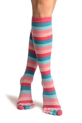 LissKiss Pink & Blue Stripes & Printed Smiles Knee High Toe Socks - Toe Socks