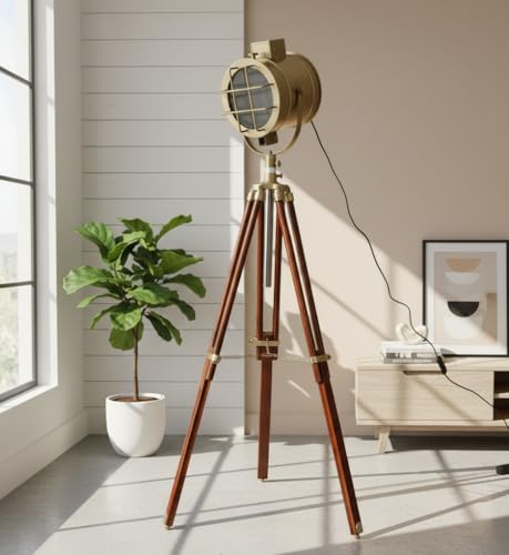 Image of Vintage Tripod Floor Lamp with Adjustable Spotlight Head | Brass & Wood Studio Floor Light for Living Room, Bedroom & Office - 52 Inches Tall (Vintage)