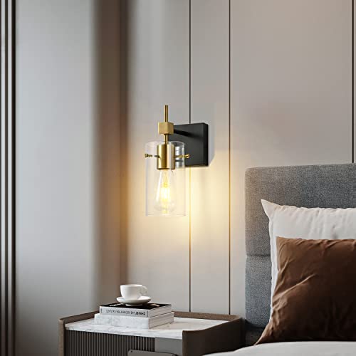 Image of SOLFART 1 Light Vintage Vanity Light Bathroom Light Fixture Over Mirror for Bath Glass Shade Wall Light Black and Brass Lighting Fixture