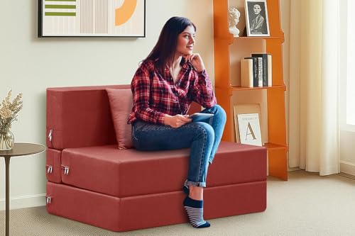 Image of Easy Foldable One Person Sofa Cum Bed Jute Fabric- Washable Cover- Including One Cushion- Size 3' X 6' Ft (Red Color) Perfect for Home & Office for Guests