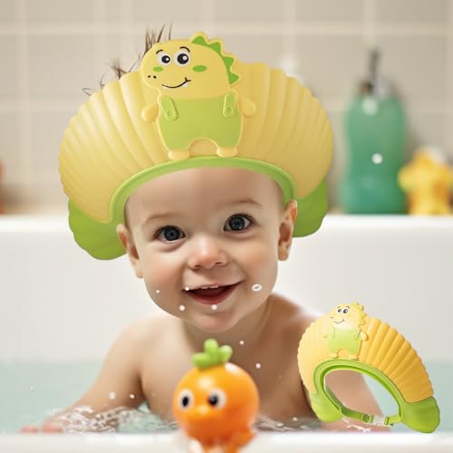 Image of Baby Shower Cap Shield, Shower Cap for Kids, Visor Hat for Eye and Ear Protection for 0-9 Years Old Children, Cute Little Dinosaur Shape Makes The Baby Bath More Fun (Yellow) | Ages 0-9 Years, Kids Visor Hat, Bath Time Fun, Eye & Ear Shield