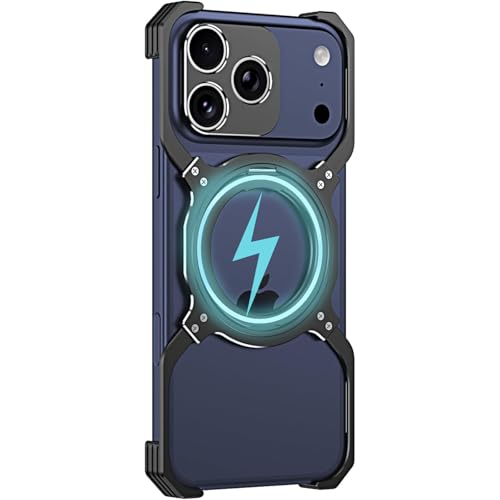 iPhone 17 Pro Max 用 ケース, 360度回転スタンド付きメカ外骨格フレーム、スリム、軽量、耐衝撃コーナー、放熱性、ボーダーレス, ブラックシルバー