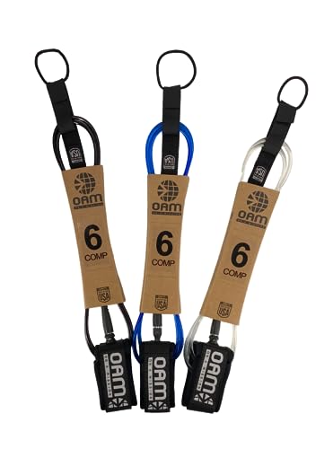 OAM Premium Comp Surfboard Leash - 5', 5.5, 6, 7, 8, 9 - Made in The USA - Ultra Lite Competition Surfboard Leash w/Key Pocket, Colors: Black, Blue, Clear - Pro Rider Designed (Clear, 6)