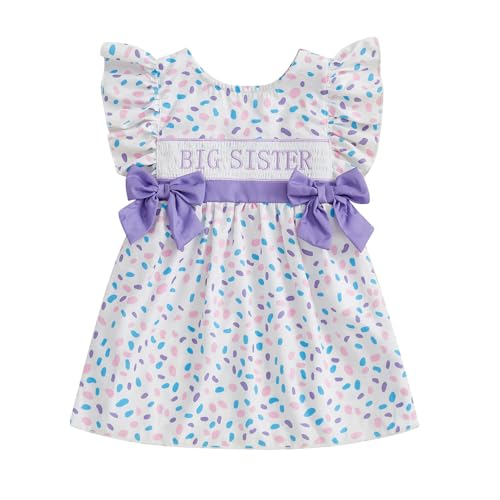 Toddler Girl Dress Flutter Ruffle Sleeve Big Sister Embroidery Smocked Dress with Bows Kids Summer Boho Swing Sundress