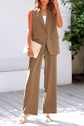 Image of PRETTYGARDEN Women's 2 Piece Outfits Sleeveless Suit Vest and Wide Leg Pants Business Casual Blazer Sets