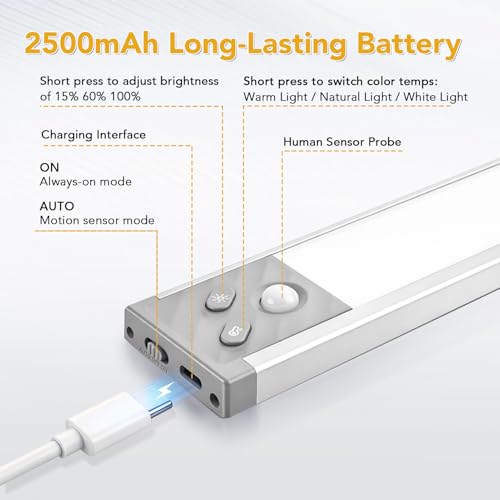 13 Inch Under Cabinet Lighting, LED Motion Sensor Light Indoor, 2500mAh USB Rechargeable Closet Lights, Dimmable Magnetic Wireless Under Counter Lights for Kitchen, Pantry, Wardrobe, Stairs, 2 Pack — view 6
