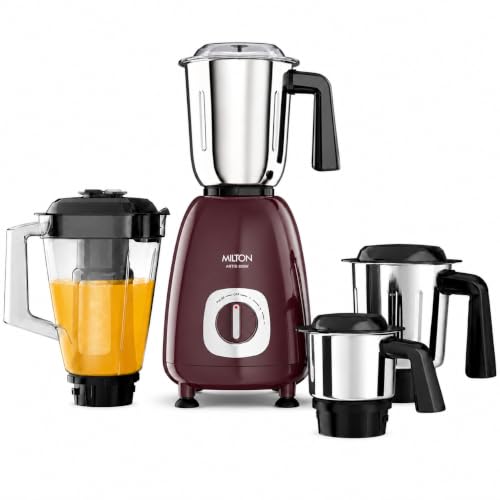 Milton Artis Mixer Grinder, ISI Certified, Grindstone Blade Technology, 3 Jar + 1 Blender Jar, 800 W (21000 RPM), 5 yr motor warranty, 2 yr product wa