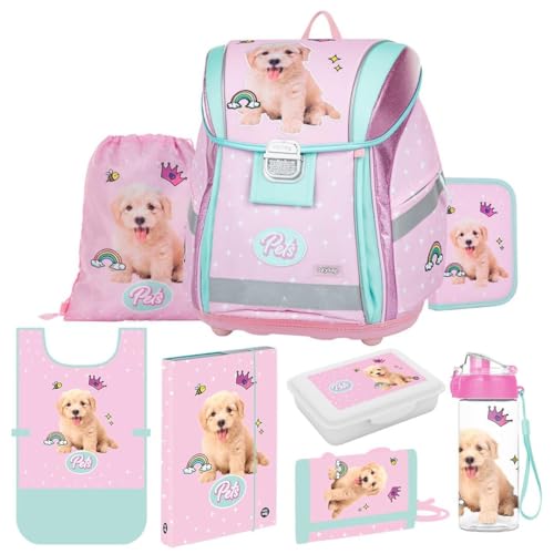 OXY BAG Set scuola 8 pezzi Premium | Aktovka ergonomico, borsa sportiva, astuccio portapenne, poncho, bottiglia d'acqua, snack box & altro, Animali