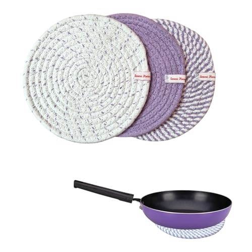 Image of SereneHomes Round Cotton Trivets for Hot Pots - Dining Table Accessories | Heat Resistant Pads & Kitchen Slab Mats | Set of 3 Fancy Kitchen Coasters (Lavender, 18 cm)