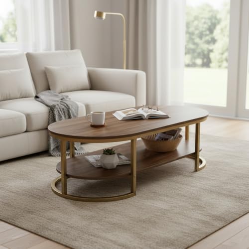 Image of RIZIK Stores Coffee Table - Modern 2-Tier Center Table with Engineered Wooden Top & Metal Frame, Living Room Sofa Table, Elegant Cocktail Table for Home, Office, Dining (Brown Gold)