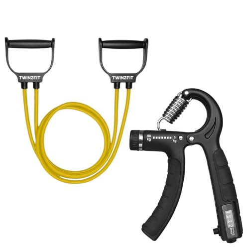 TWINZFIT PREMIUM Adjustable Hand Grip Strengthener 5–60kg with Counter – Forearm Wrist Exerciser for Hand Finger Grip Training, Muscle Strength Builder for Men & Women, Gym & Home Workout (Band & Gripper)