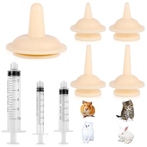 NQEUEPN 5 Uds Tetinas de Alimentación para Mascotas con 3 Jeringas, Silicona Tetinas de Lactancia para Mascotas Jeringas de Enfermería para Mascotas para Gatitos Cachorros Conejos Ardillas