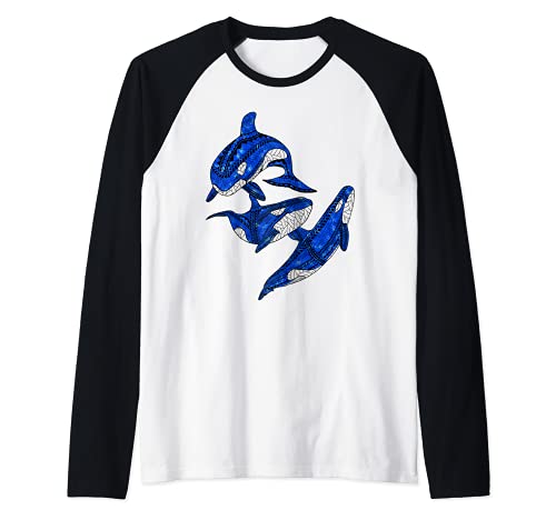 Tribal Orca Killer Whales Raglan Baseball Tee, Black