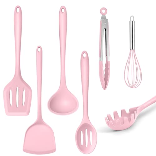 TEAMFAR Küchenhelfer, Antihaft Silikon Küchenset Küchenutensilien 7er Set, Hitzebeständiger Kochbesteck Kochutensilien Set mit Pfannenwender für Kochen, Ungiftig, Leicht zu Reinigen, Rosa