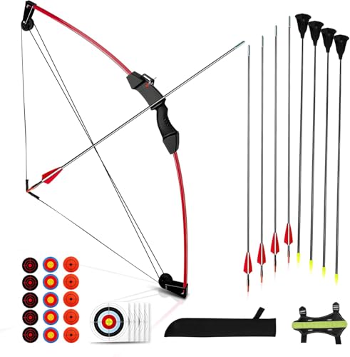 Uqtyb Youth Compound Bow and Arrow Set for Kids Ages 8-12 Beginner Archery Set for Boys Girls Backyard Archery Game Toy Gift for Outdoor Play & Target (Red Archery Compound Bow Set)