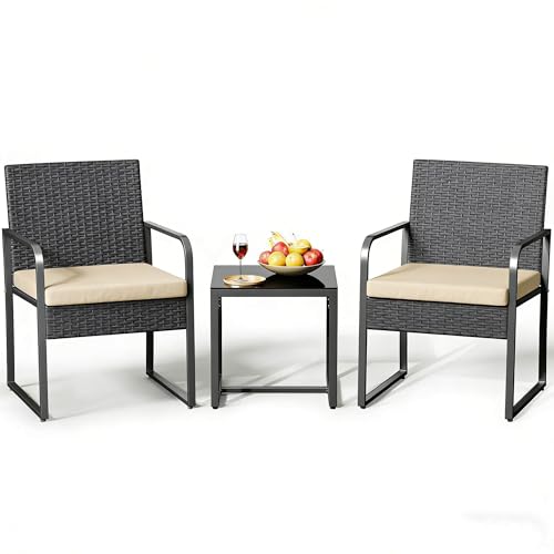 Gizoon 3 Pieces Patio Bistro Sets, Outdoor Rattan Conversation with Glass Table, Wicker Furniture Set with Cushion, for Backyard, Porch, Poolside, Lawn, Beige