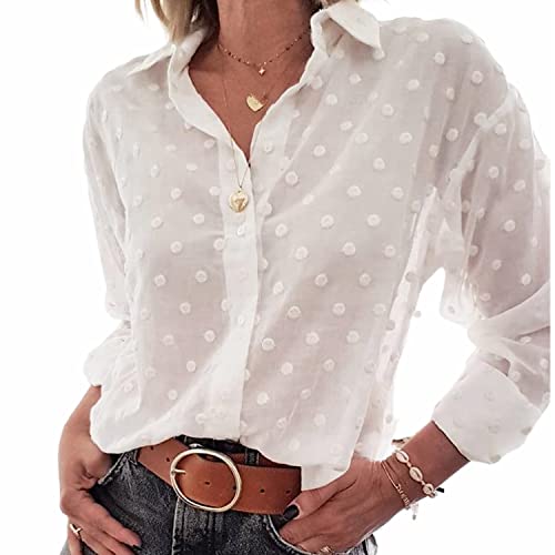 Blusa Elegante de Mujer Camisa Informal de Lunares con Manga Larga Crop Top Transparente Suelto de Malla Camisa Casual para Primavera Verano (Blanco, L)