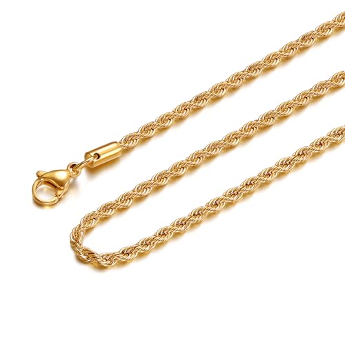 Giftall Men's Stainless Steel Twist Rope Chain Necklace, 2mm 28 Inches 18K Gold-Plated Rope Chain Necklace for Men Women