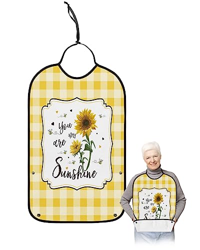 Sunflower Adult Bibs for Eating, Waterproof Bibs with Food Catcher & Adjustable Snap Closure, Farmhouse Yellow Plaid Spring Floral Summer Bee Clothing Protectors Adult Bibs for Elderly Women/Men