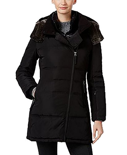 Calvin Klein Faux-Fur-Trim Asymmetrical Water-Resistant Puffer Coat Black