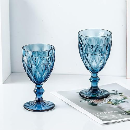 BINZO Color Water Goblet Glasses, Set of 6, 340 ml, Textured Blue Stem Colored Wine Glassware, Drinking Tumbler Glass for Juice, Drinks, Home, Kitchen, Beverage, Mocktail, Cocktail, Gift