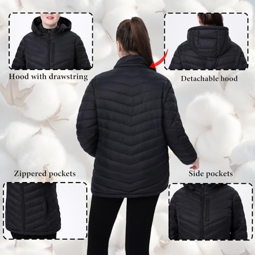 Plus Size Women Packable Puffer Jacket 1X-6X Water-Resistant Lightweight Coat Detachable Hood(Exclusively Plus Size)4