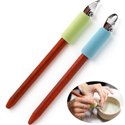 Leriton 2 Pack Pottery Carving Tool Set 6in Sculpture Carving Scraper Tool Pottery Modelling Shape for Tea Cup Mug Vase Leather Hard Clay Cutters with Wooden Handle for Ceramic Sculpture Craft