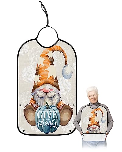 Fall Gnomes Adult Bibs for Eating, Waterproof Bibs with Food Catcher & Snap Closure, Thanskgiving Blue Pumpkin Give Thanks Maple Leaf Washable Clothing Protectors Adult Bibs for Elderly Women/Men